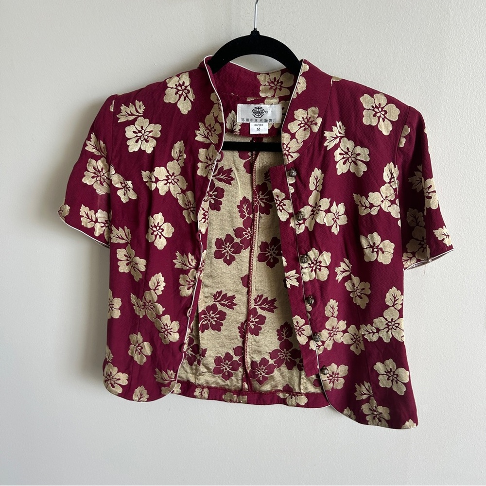 Spirit Red Cropped Button Down Shirt with Mandarin Collar